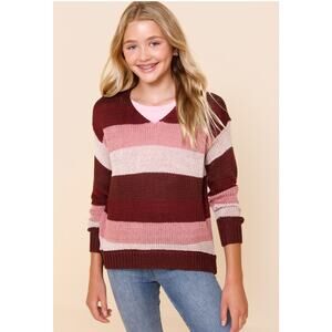 NEW Francesca's Striped Loose Knit Sweater Youth 14 Junior's Pink Purple V Neck